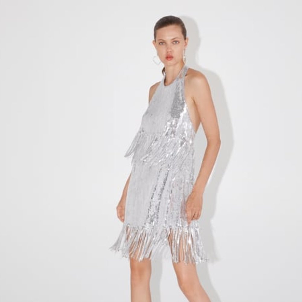 Silver Fringe Sequin Halter Dress - WORN ONCE